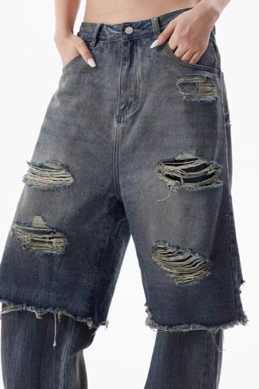 Distressed Layered Wide Jeans