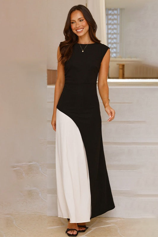 Colour Block Round Neck Cap Sleeve Column Maxi Dress 6