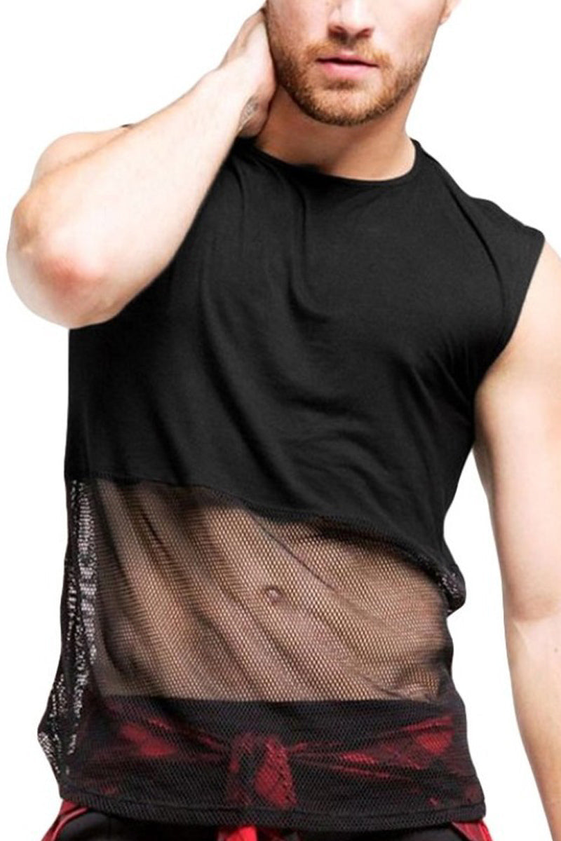 Men's Sleeveless Round Neckline Patchwork Hollow Out See-Through T-Shirt Top - Fashionpara