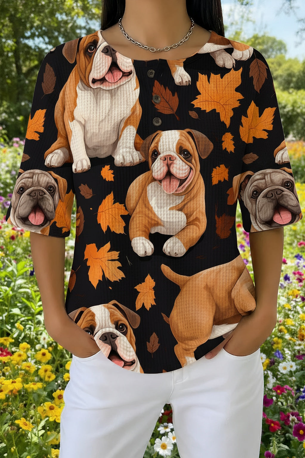 Bulldog Autumn Leaf Print Waffle Knit Button Henley Short Sleeve Top