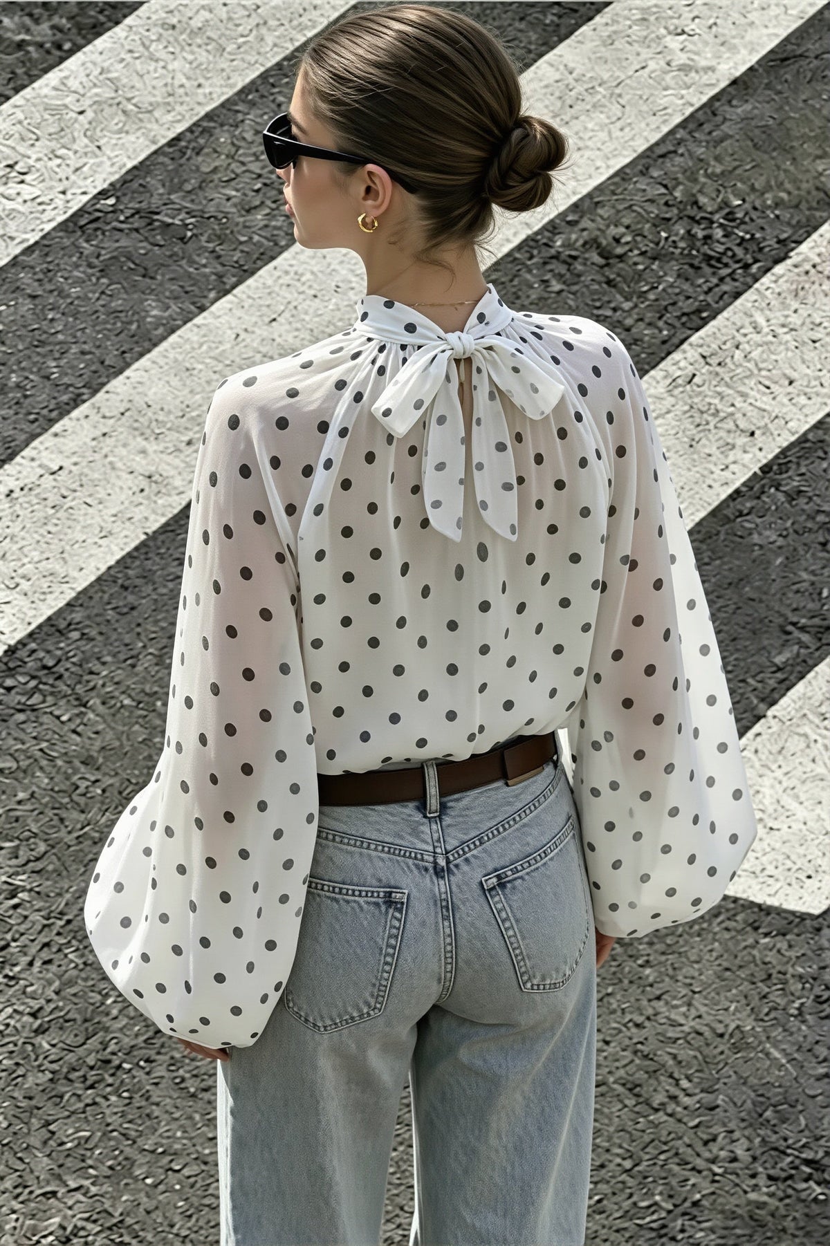 Elegant Polka Dot Bow Neck Blouse
