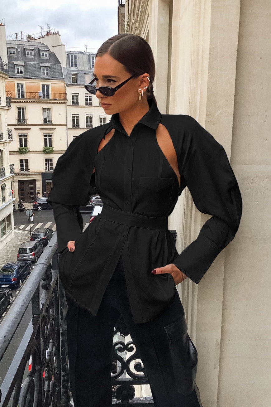 Cutout Shoulder Tie Waist Shirt