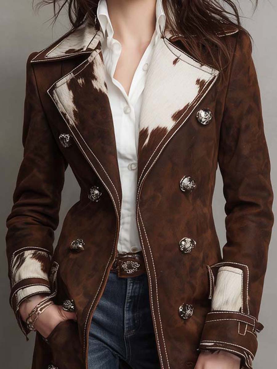 Cow Print Panel Faux Suede Long Coat - Fashionpara