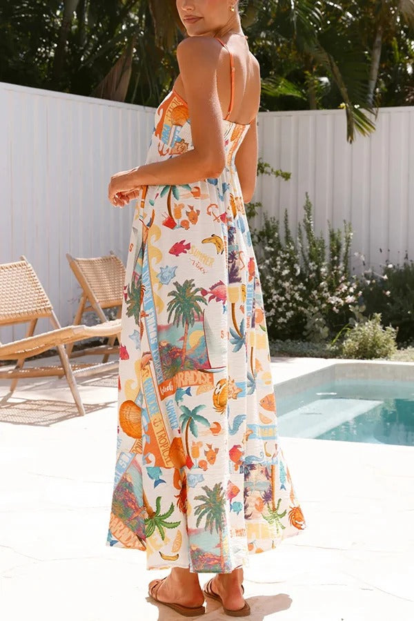 Marine Life Print Sleeveless Sling Holiday Maxi Dress - Fashionpara
