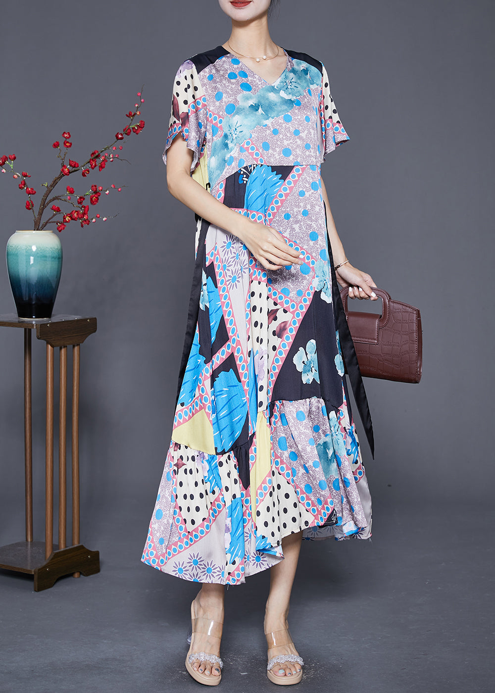 Patchwork Print V-Neck Short Sleeve Tie Ribbon Waist Midi Dress - View 3