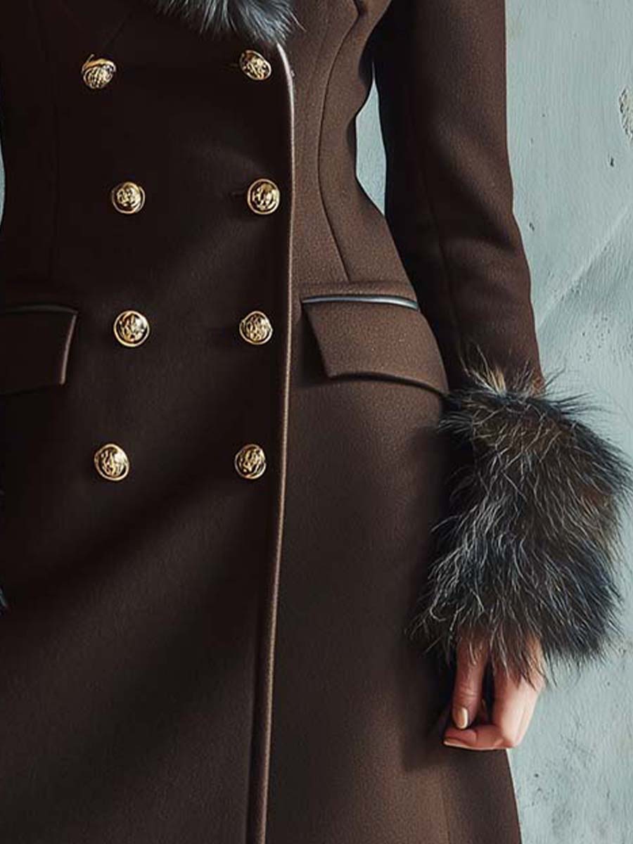 Espresso Brown Wool Blend Long Coat With Faux Fur Collar - Fashionpara