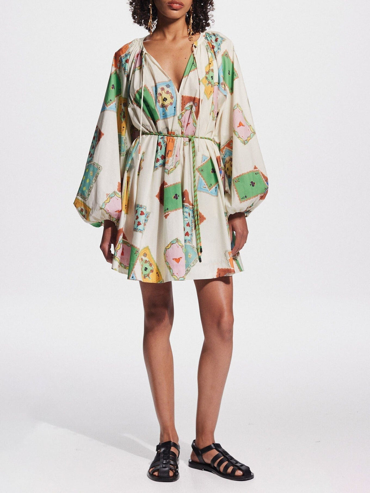 Playing Card Print V-Neck Long Sleeve Mini Dress