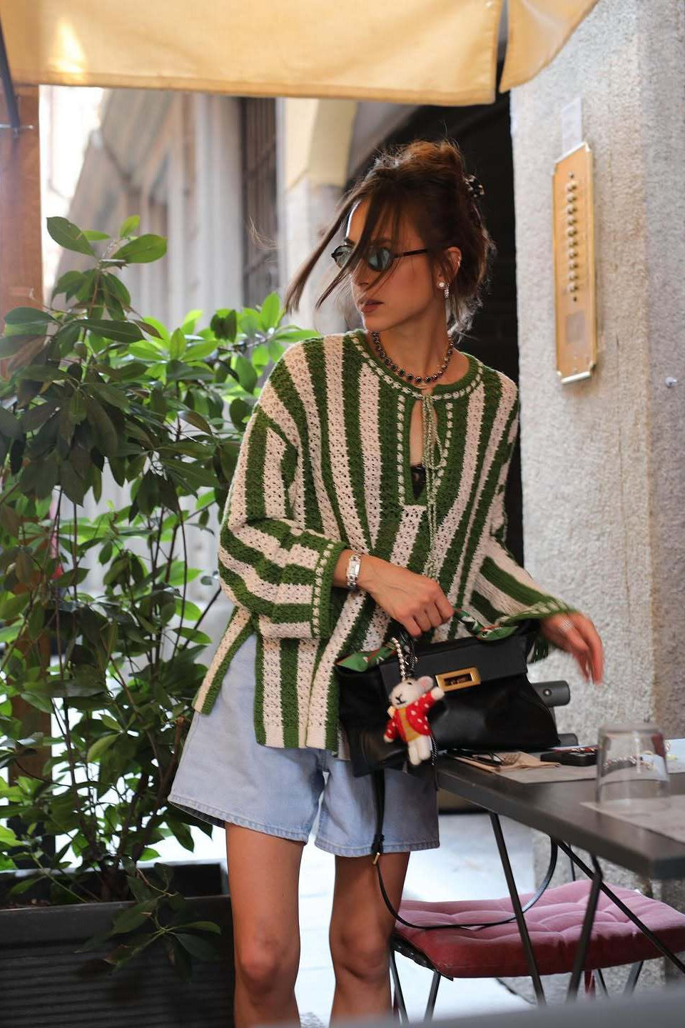 PrincessAce Green and White Striped Waist Tie Knit Sweater