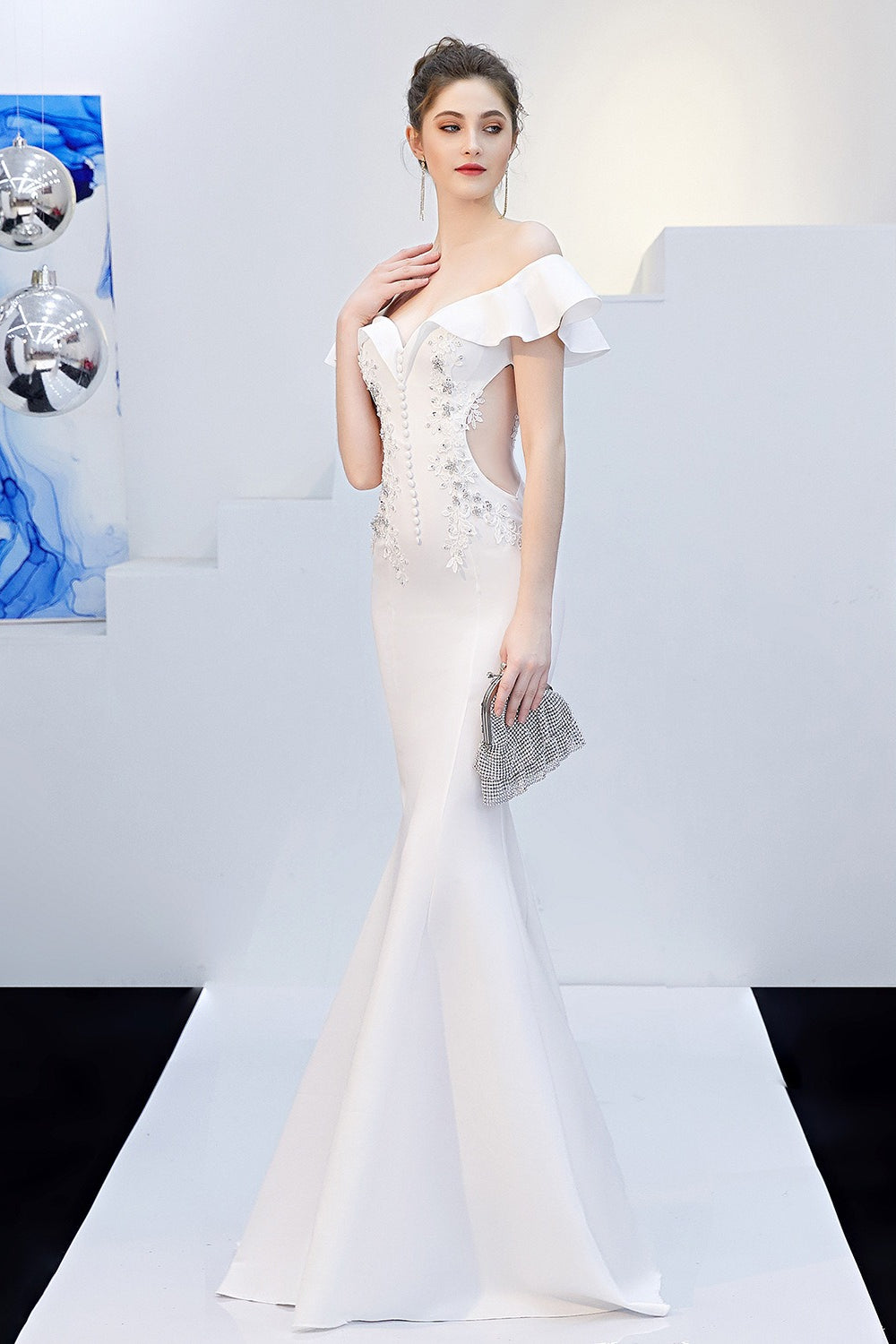 Off Shoulder Ruffle Beaded Mermaid Formal Gown - View 3