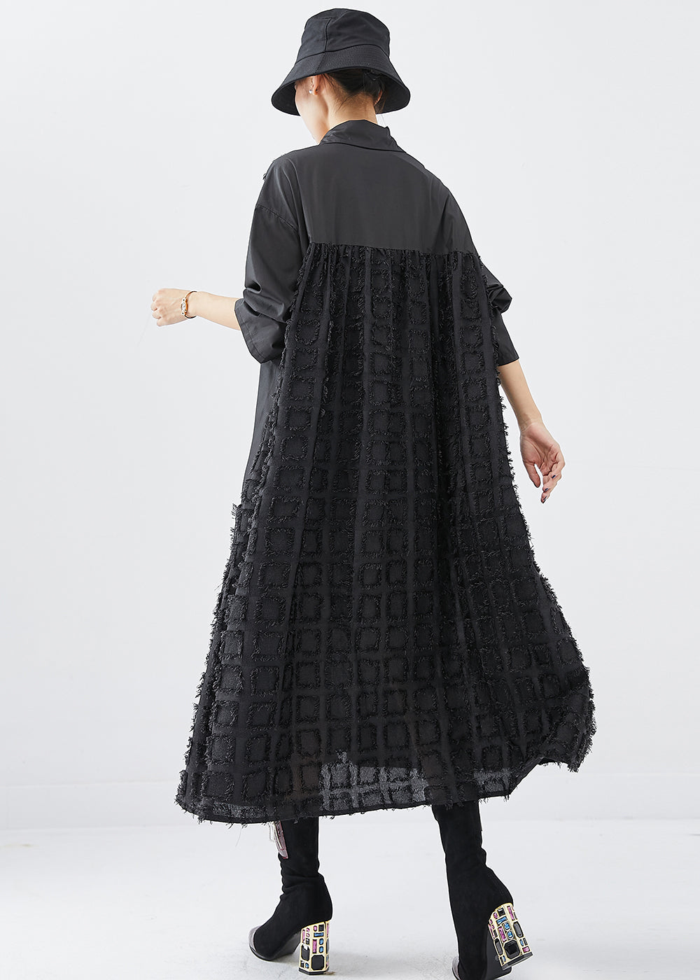 Oversized Button Front Collar Textured Grid Patchwork Midi Shirt Dress - View 4