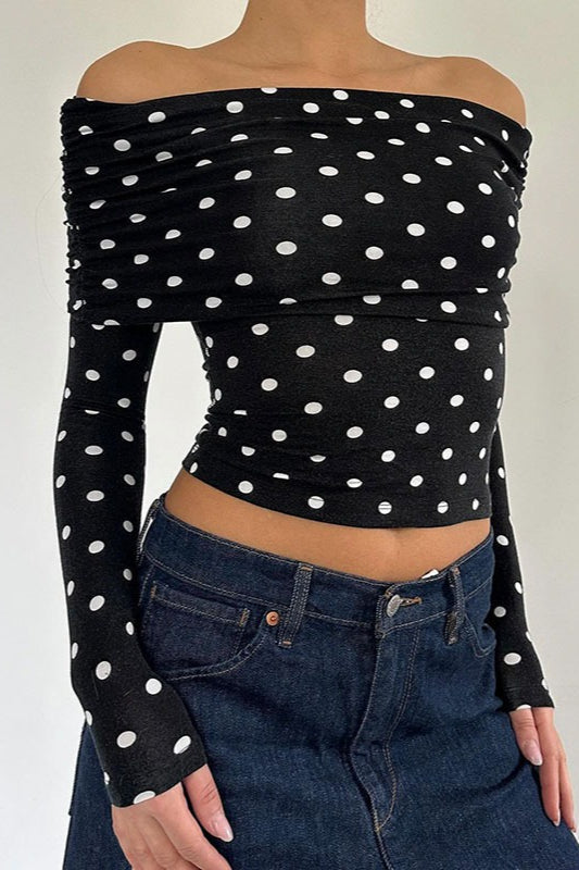 Polka Dot Color Block Off-Shoulder Crop Top - Fashionpara