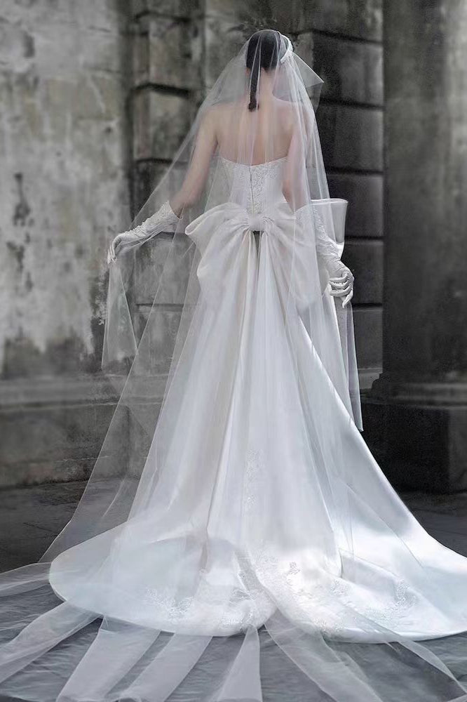 Strapless Lace Applique Satin Bow Back Bridal Gown 4