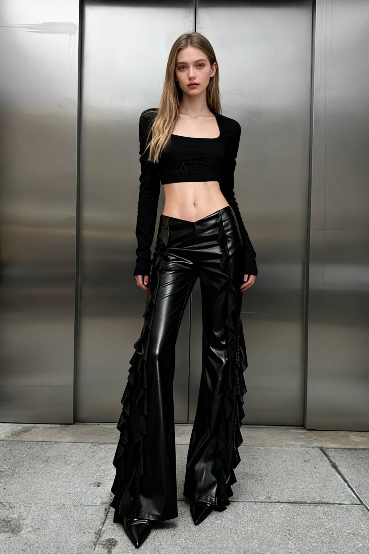 Gothic Zip Women Casual Flare Pants Faux PU Mesh Pants