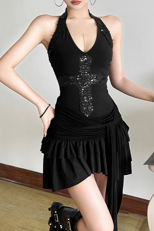 Halter Backless Sequin Mesh Bodycon Mini Dress