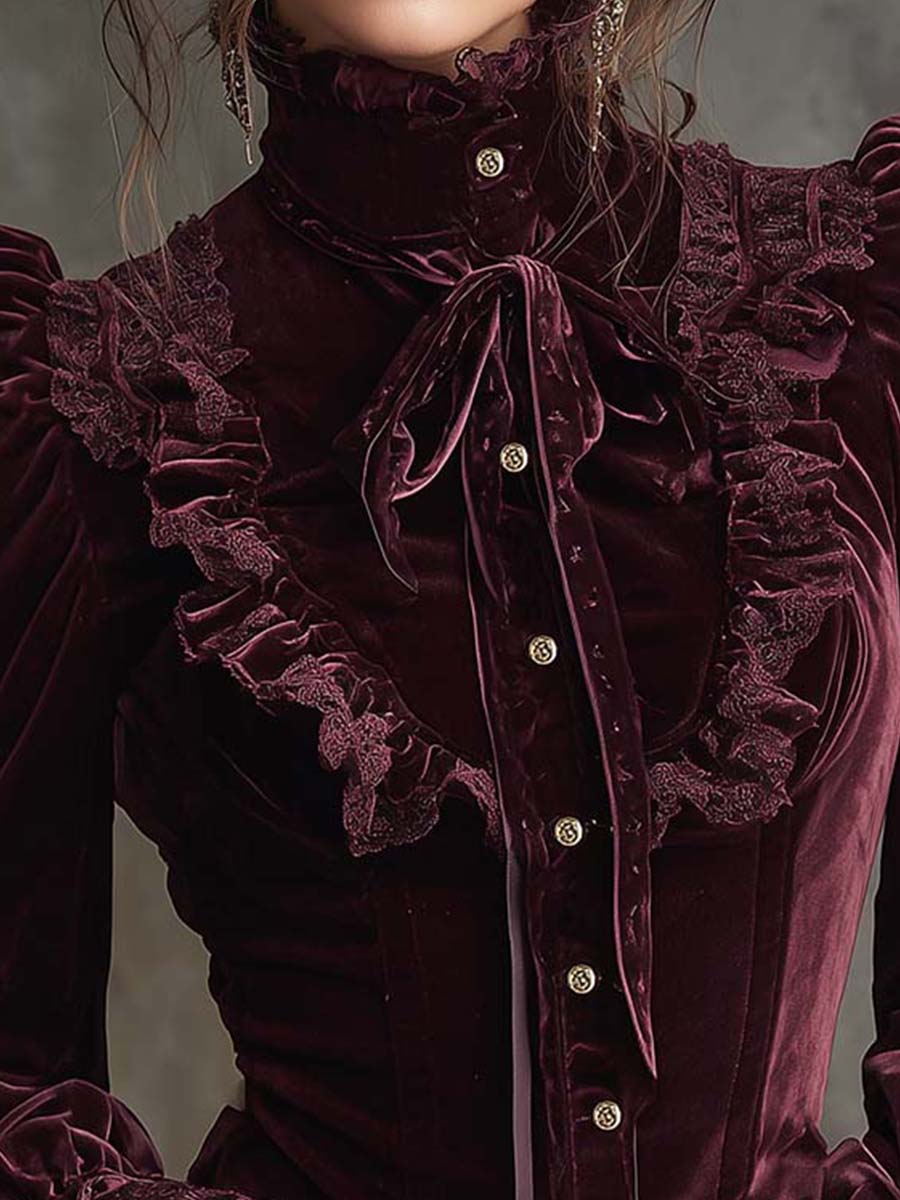 Garnet Red Romance Victorian Velvet Ruffle Blouse - Fashionpara