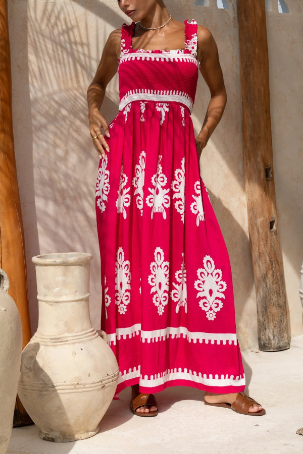 National Boho Style Unique Print Smocked Bust Wide Strap Pocket Maxi Dress - Fashionpara