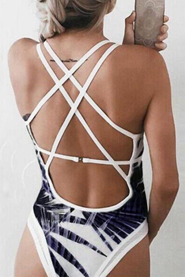 Floral Print Crisscross Strappy Low Back High Leg Deep V One-piece Swimsuit - Fashionpara