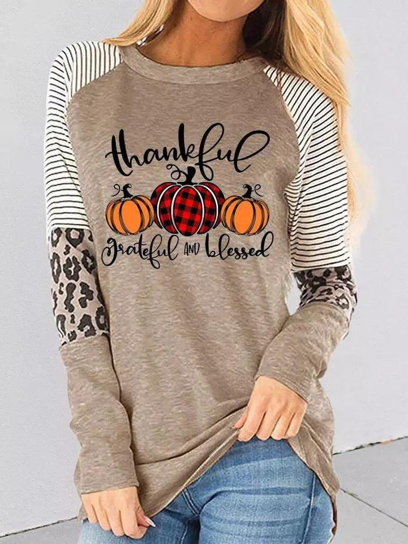 Thankful Striped Leopard Splicing Plaid Pumpkin Blouse  Fashionpara