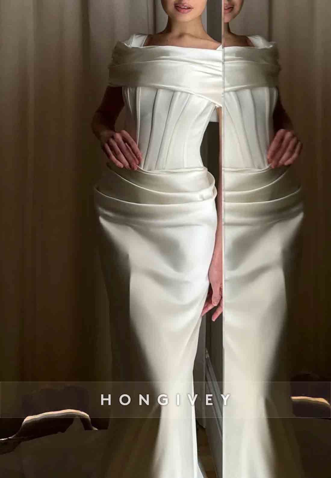 Sheath Court Train Square Satin Shawl Pleated Wedding Dresses