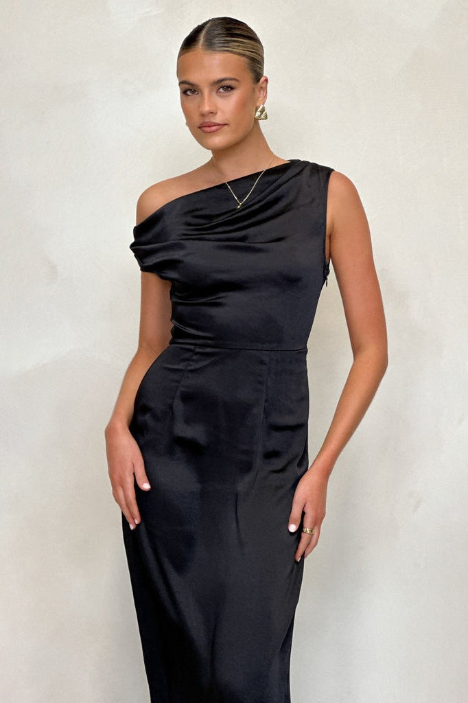 Satin One Shoulder Cowl Neck Maxi Dress - View 4