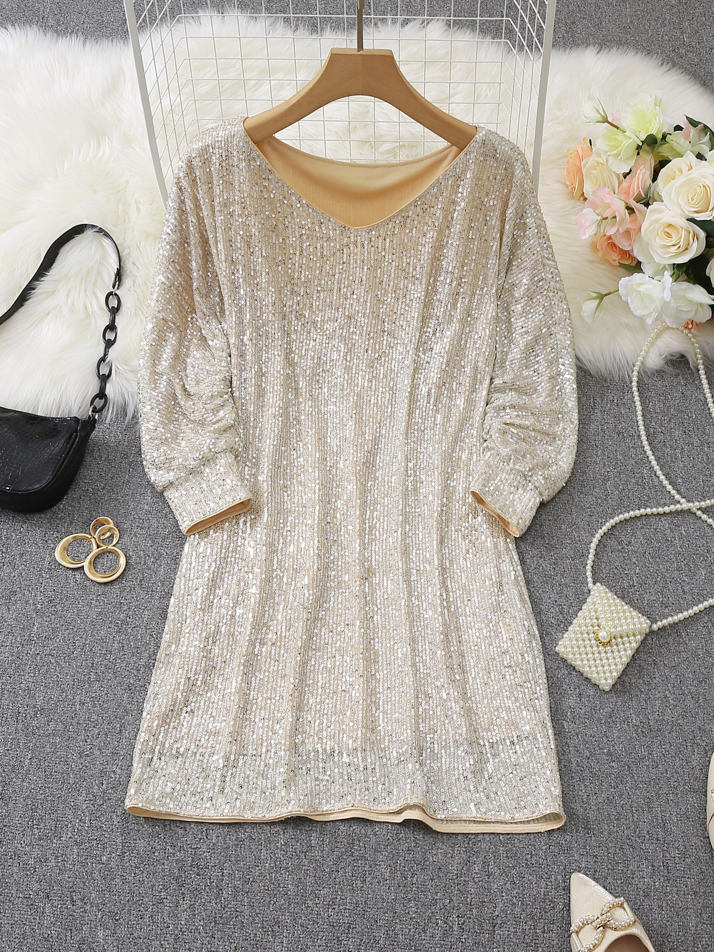 Party Wear V Neck Long Sleeve Contrast Sequin Dress Fashionpara