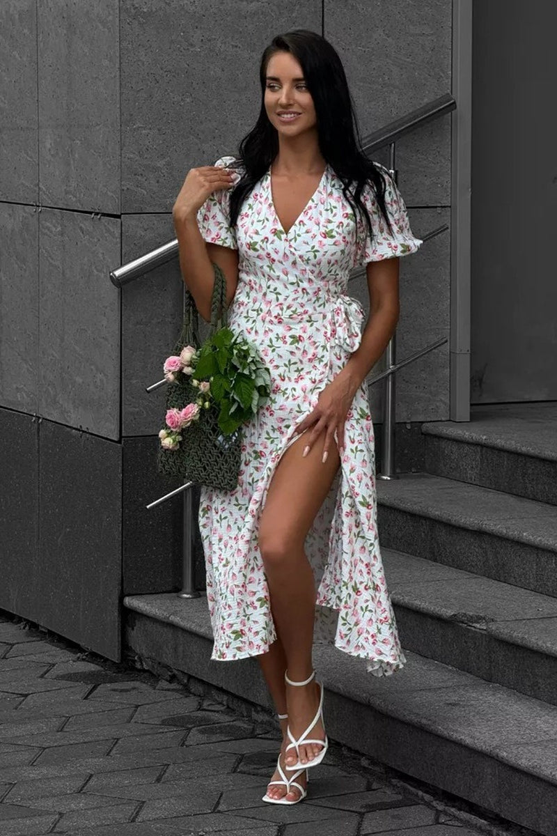 Floral V-Neck Puff Sleeve Wrap A-Line Midi Dress 23