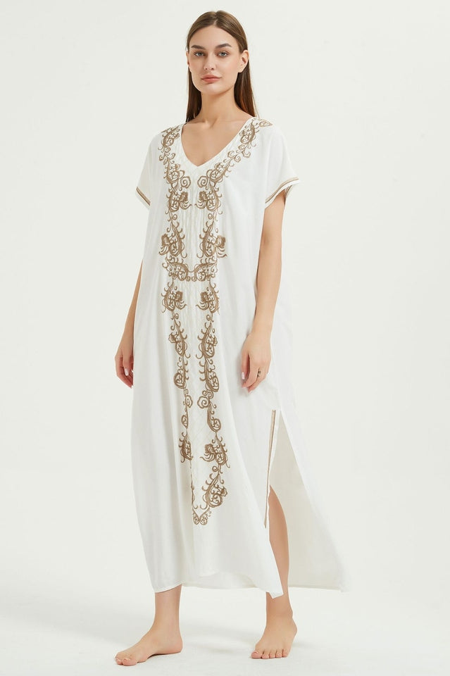 Embroidered V-Neck Short-Sleeve Kaftan Maxi Dress 40
