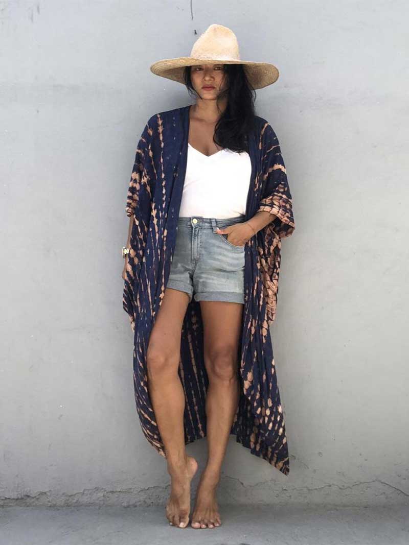 Tie-Dye Print Different Colors Rayon Long Length Gown Kimono Duster Robe - Fashionpara