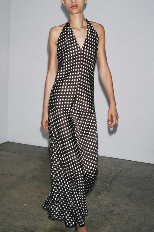 Polka Dot Halter Neck Plunge Backless Maxi Dress