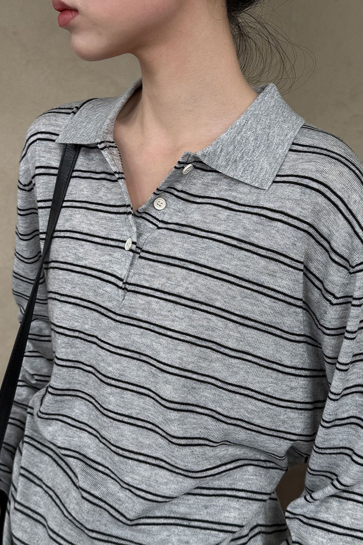 Soft Wool Striped Polo Collar Long Sleeve Blouse