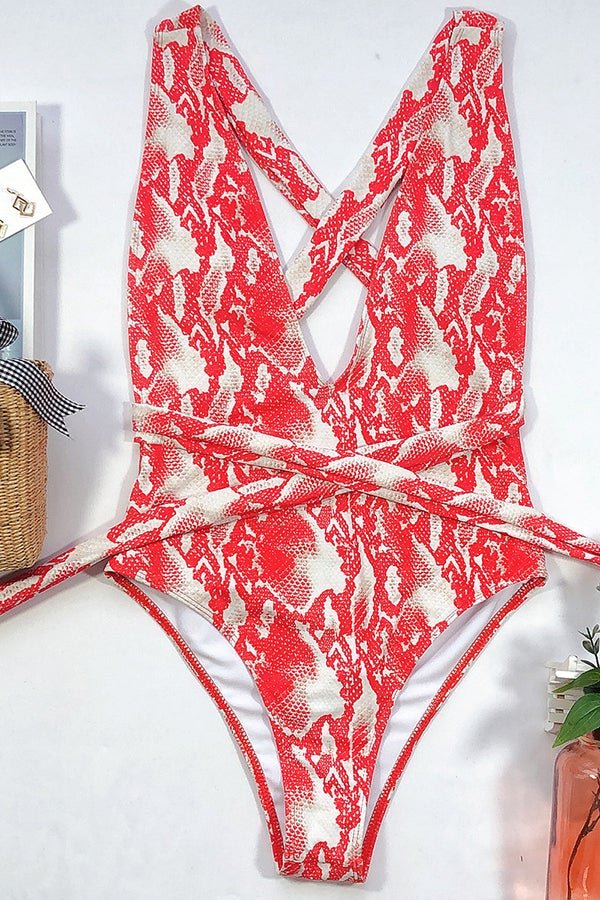 Deep V-neck Strap One-piece Swimsuit - Fashionpara