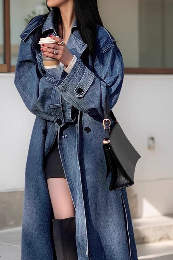 Washed Denim Long Overcoat for Effortless Chic Style - Fashionpara