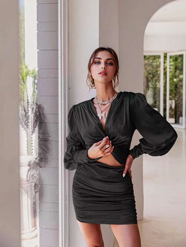 Satin V-Neck Lantern Sleeve Cutout Bodycon Mini Dress 14