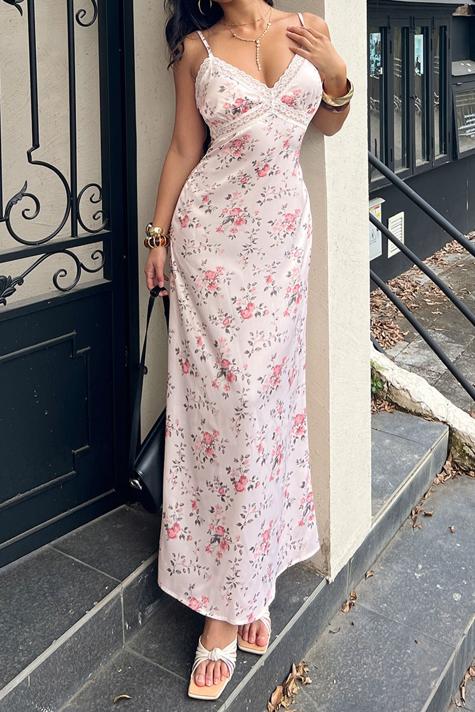 Floral Print Spaghetti Strap Lace-Trim Slip Dress