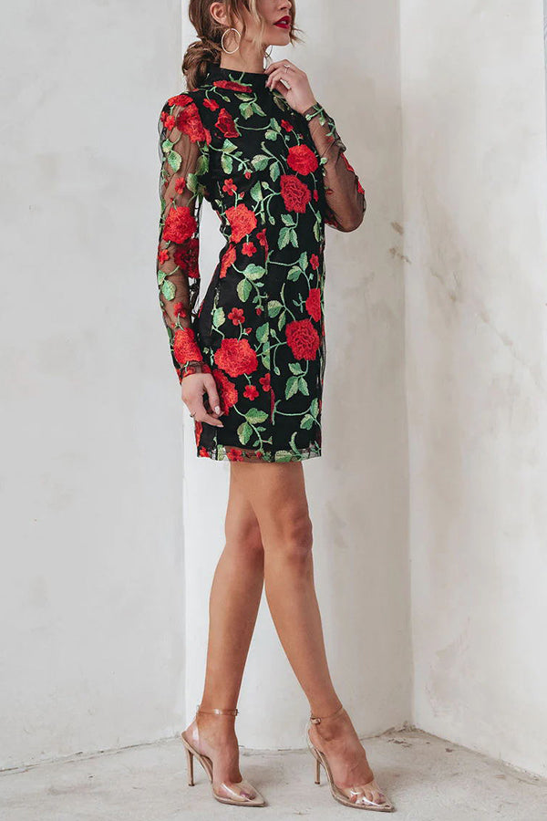 Embroidered Floral Mesh Mini Dress - Fashionpara