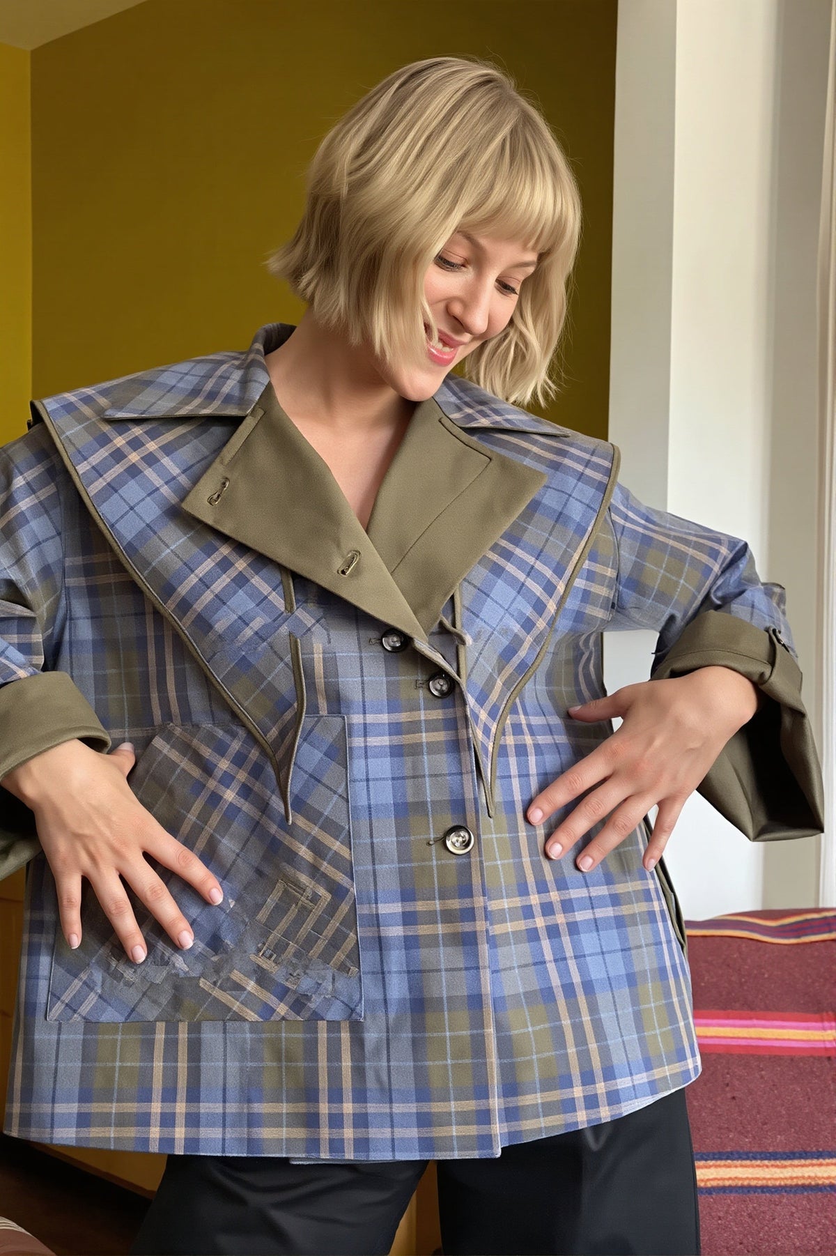 Reversible Plaid Cape Collar Trench Coat