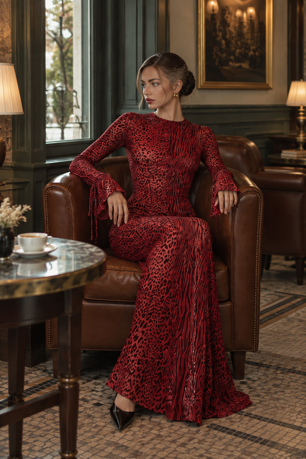 Leopard Print Crew-Neck Flared-Sleeve Mermaid Maxi Gown