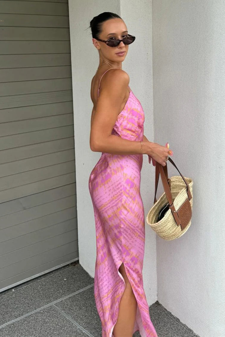 Printed V-Neck Satin Slip Maxi Dress