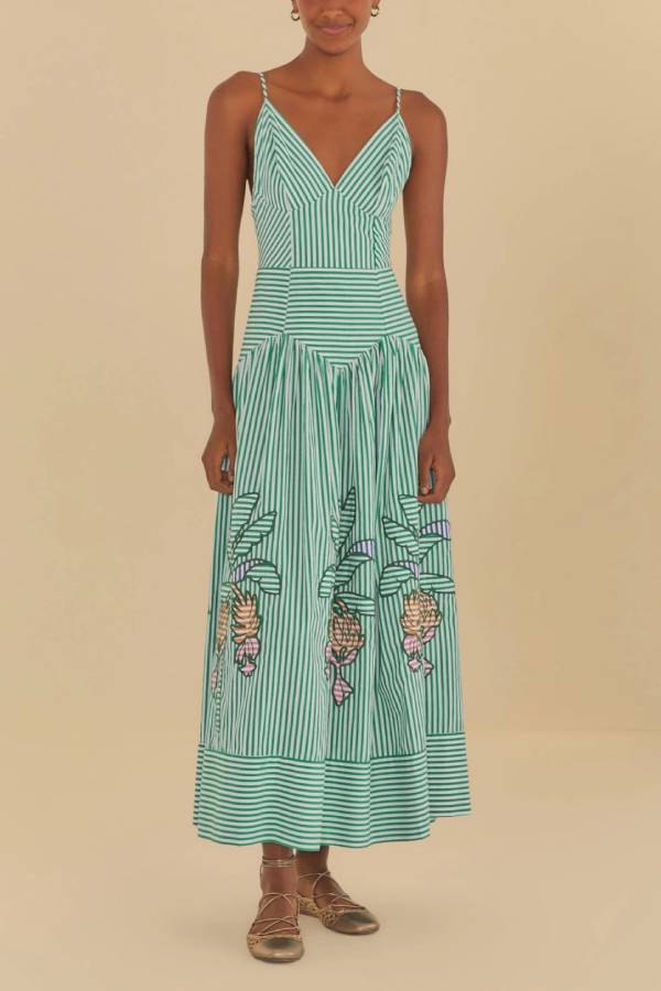Exquisite V-neck Striped Banana Tree Print Midi Dress - Fashionpara