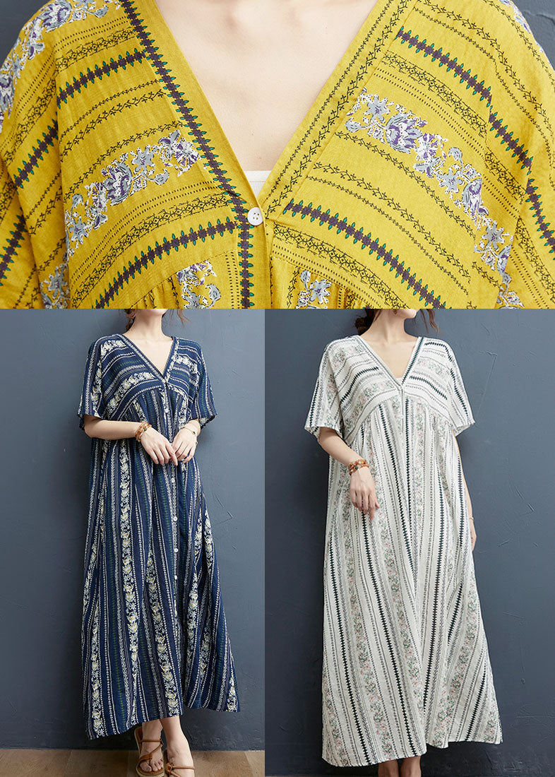 Vertical Border Print V-Neck Button Front Short Sleeve Maxi Dress - View 5