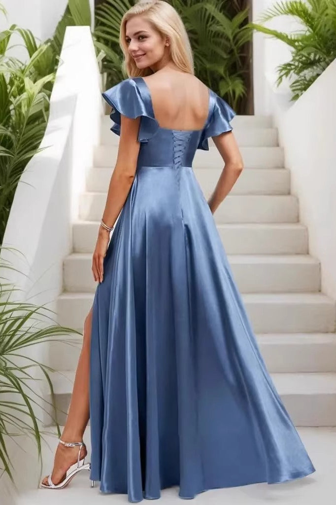 Satin Square Neck Flutter Sleeve High Split Maxi Dress 3