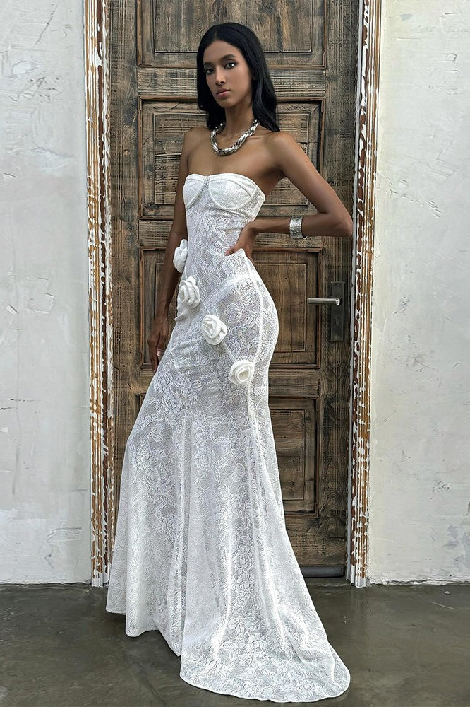 Floral Lace Strapless Sweetheart 3D Rosette Mermaid Gown