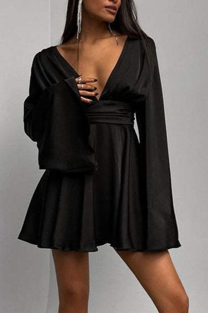 Satin Plunge V-Neck Flared Sleeve Wrap Mini Dress 3