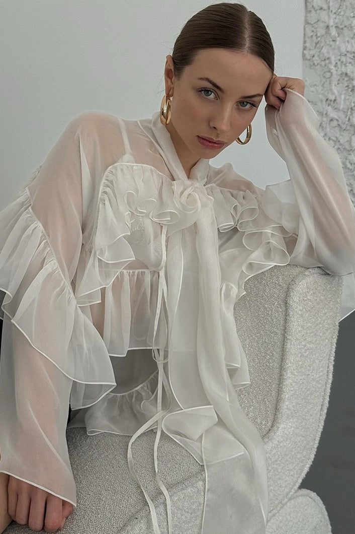 Ruffle Tie Neck Tencel Blouse