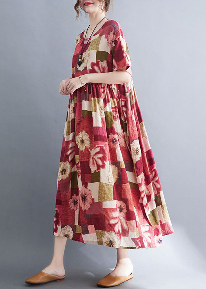 Patchwork Floral Print Round Neck Short Sleeve Empire Waist Midi Dress - View 3