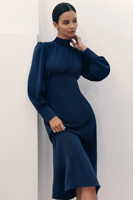 Mock Neck Bishop Sleeve Button Cuff A-Line Midi Cocktail Dress