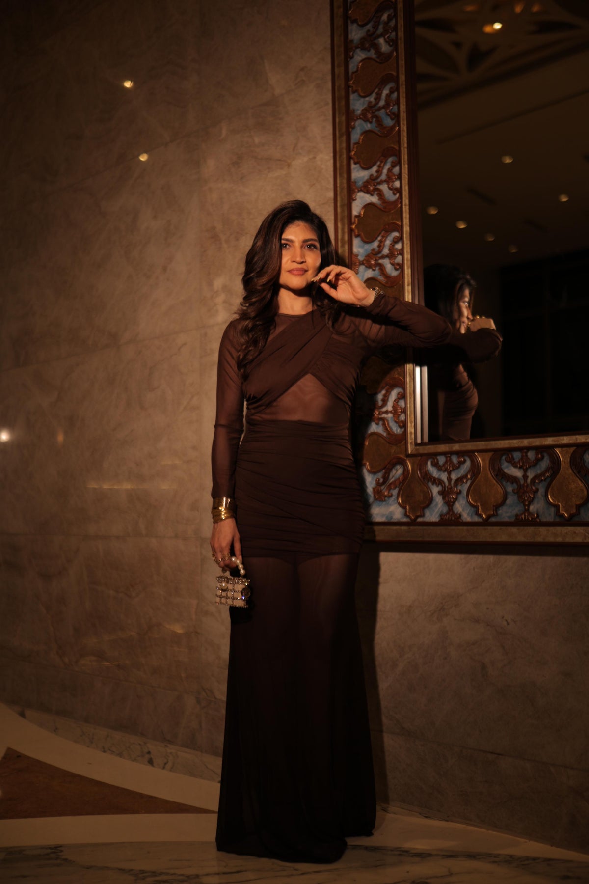 Sheer Mesh Long-Sleeve Ruched Bodycon Maxi Dress