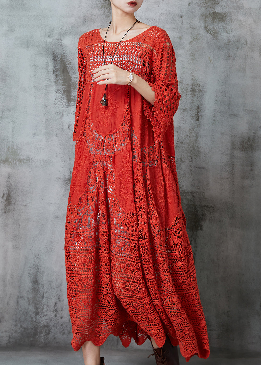 Crochet Lace Embroidered Floral Three Quarter Maxi Dress