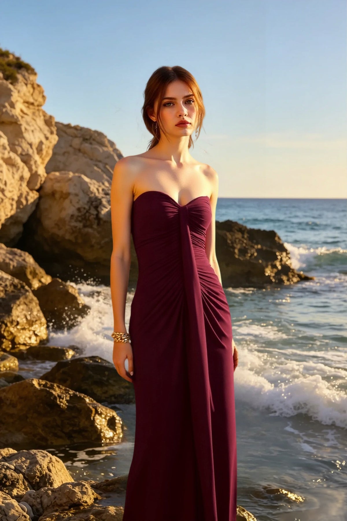 Strapless Sweetheart Twist-Front Ruched Maxi Dress