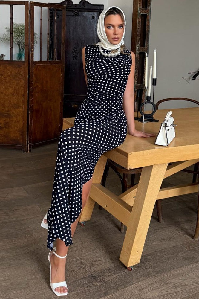 Polka Dot High Neck Sleeveless Bodycon Maxi Dress 8